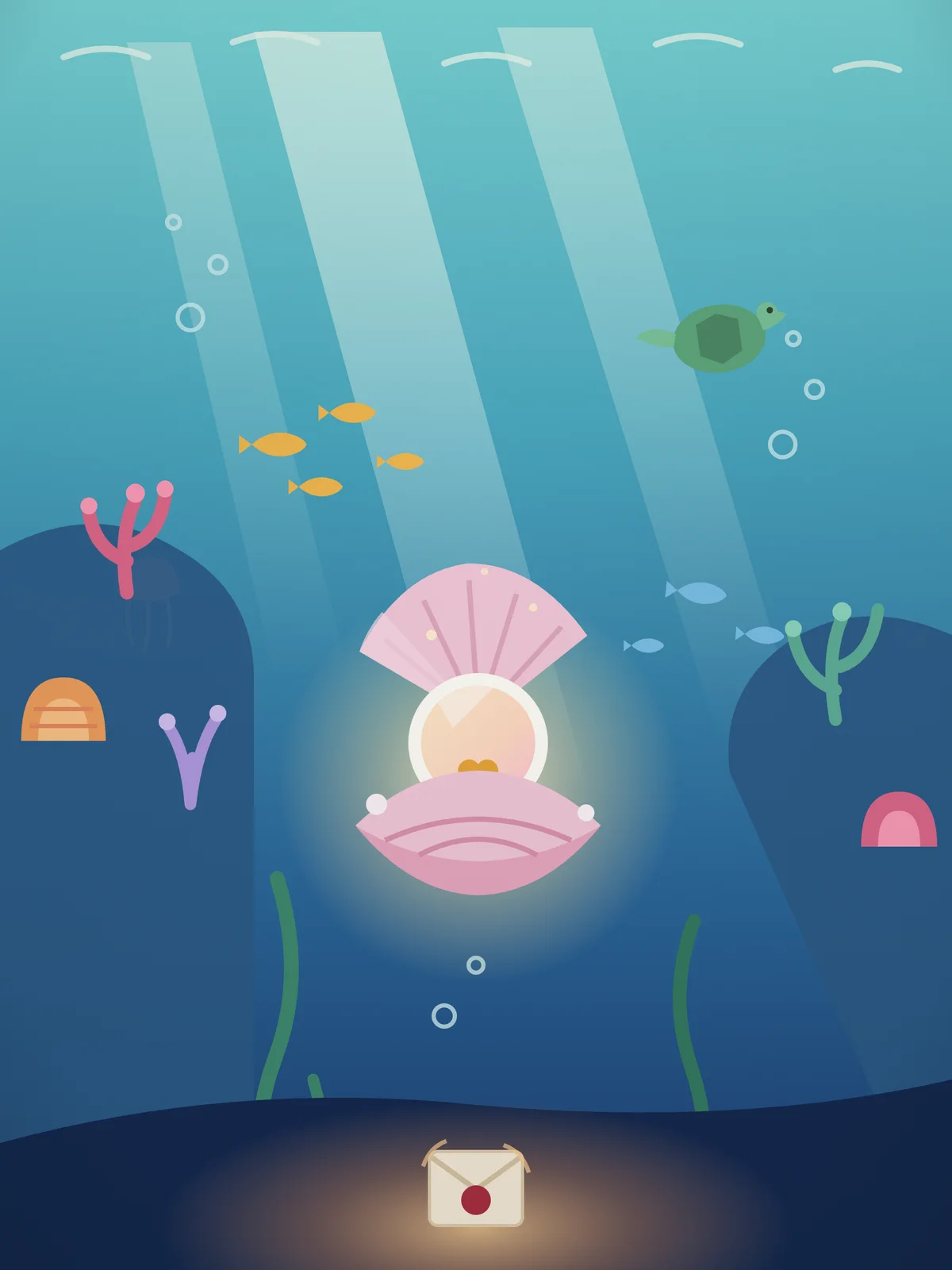 Hand-illustrated poster art of an underwater reef scene with a glowing pearl