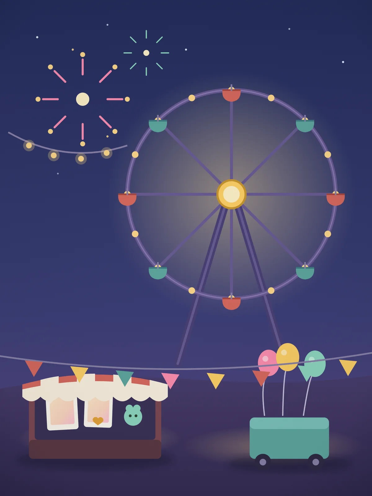 Hand-illustrated poster art for a ferris wheel world at night