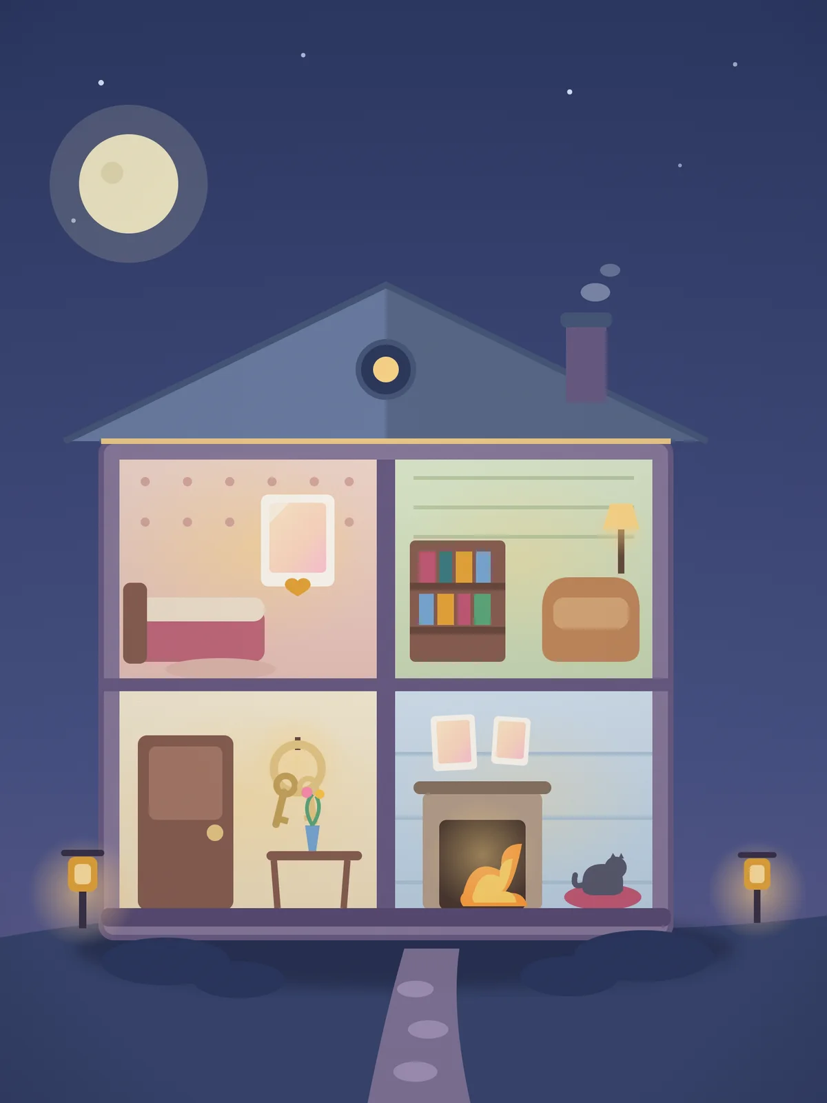 Hand-illustrated poster art of a cross-section dollhouse-style manor at night
