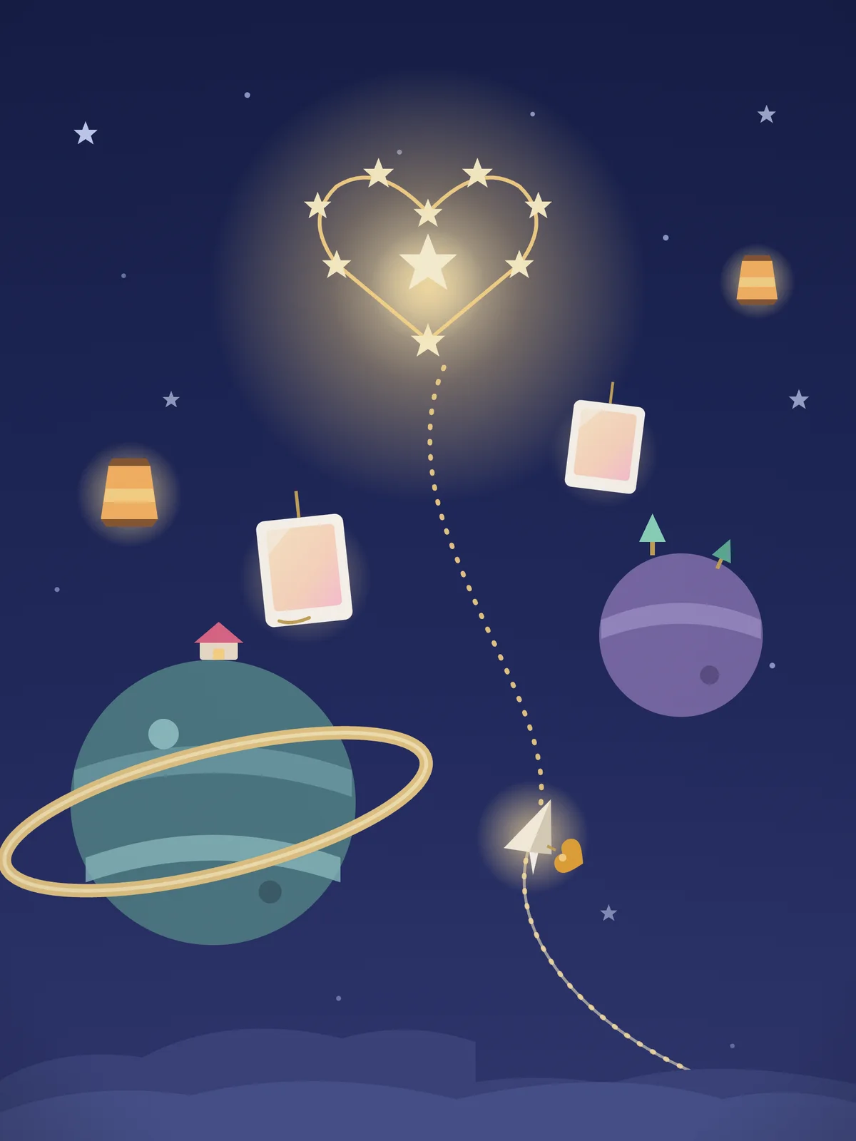 Hand-illustrated poster art of a paper airplane flying past planets toward a heart-shaped constellation