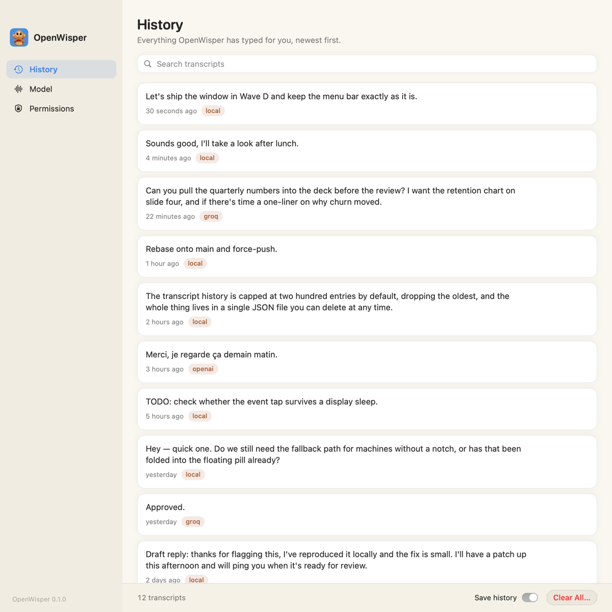 OpenWisper's History window showing a list of past transcripts with their source engine