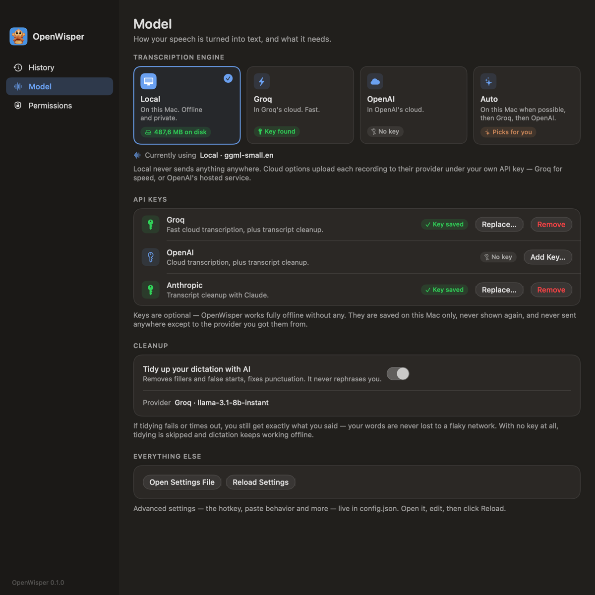 The Model window showing the local, Groq, OpenAI, and Auto transcription engine options