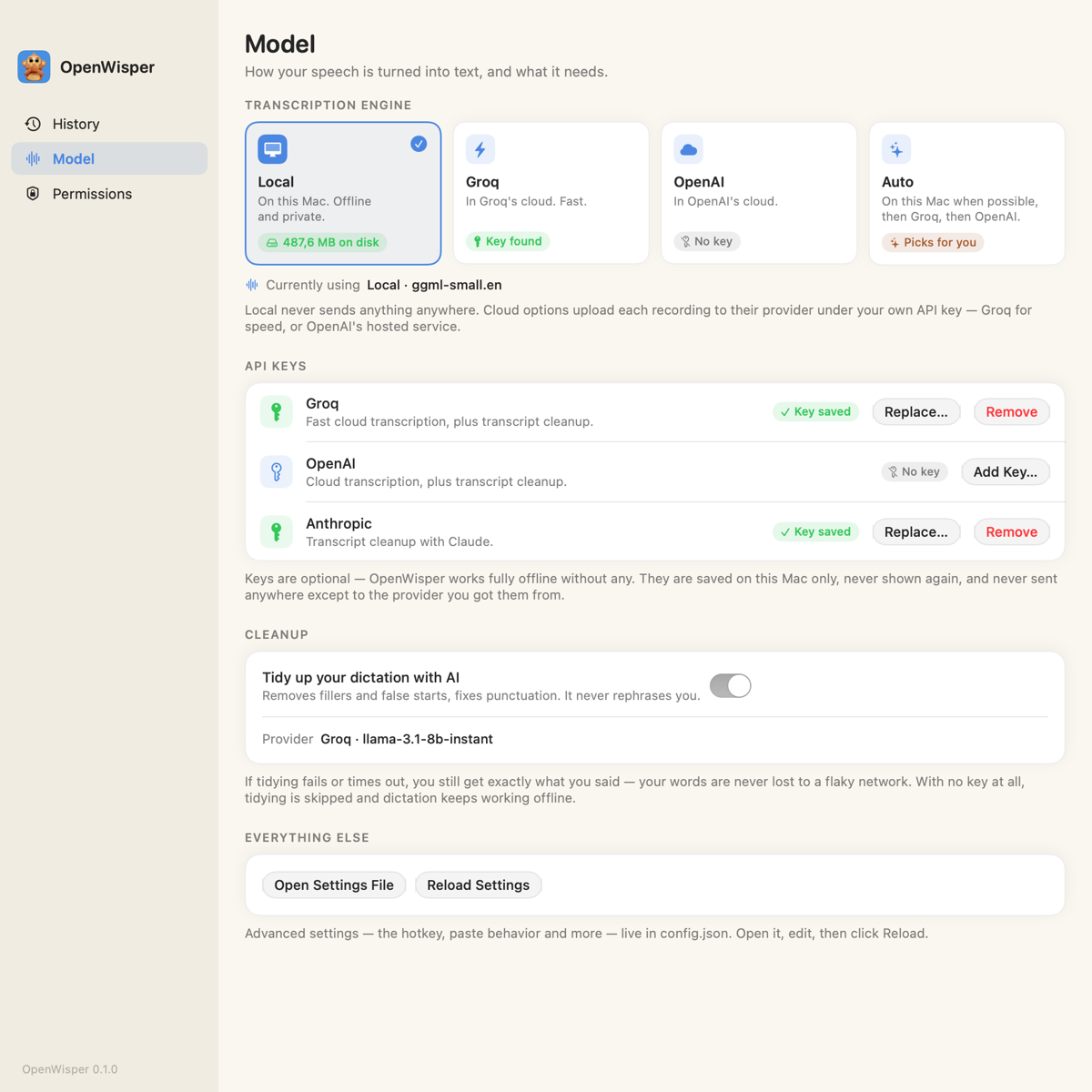 The Model window showing the local, Groq, OpenAI, and Auto transcription engine options