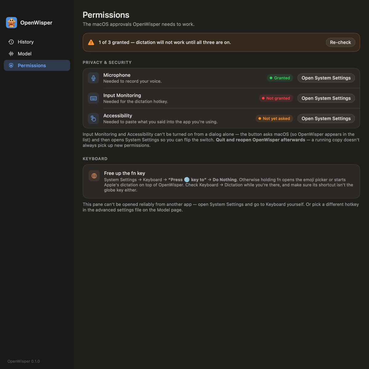 The Permissions window showing live status for Microphone, Input Monitoring, and Accessibility
